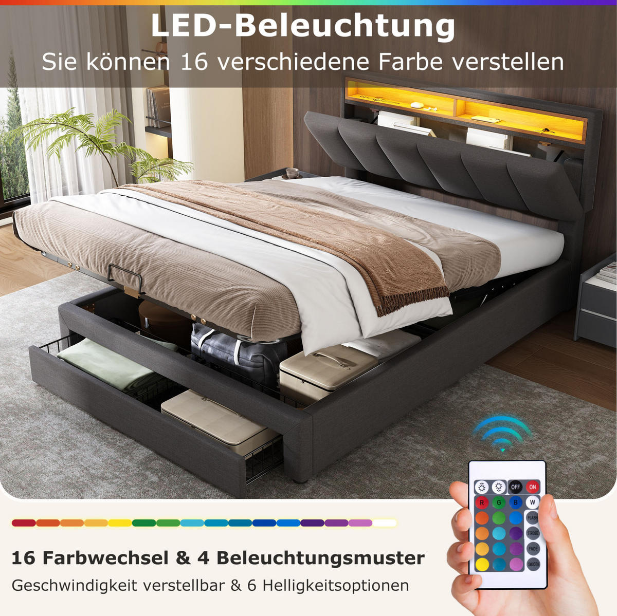 POLSTERBETT 140/200 cm mit LED-Beleuchtung, Lattenrost und Stauraum, Leinenoptik, Grau - Grau, Textil (140/200cm) - Redom