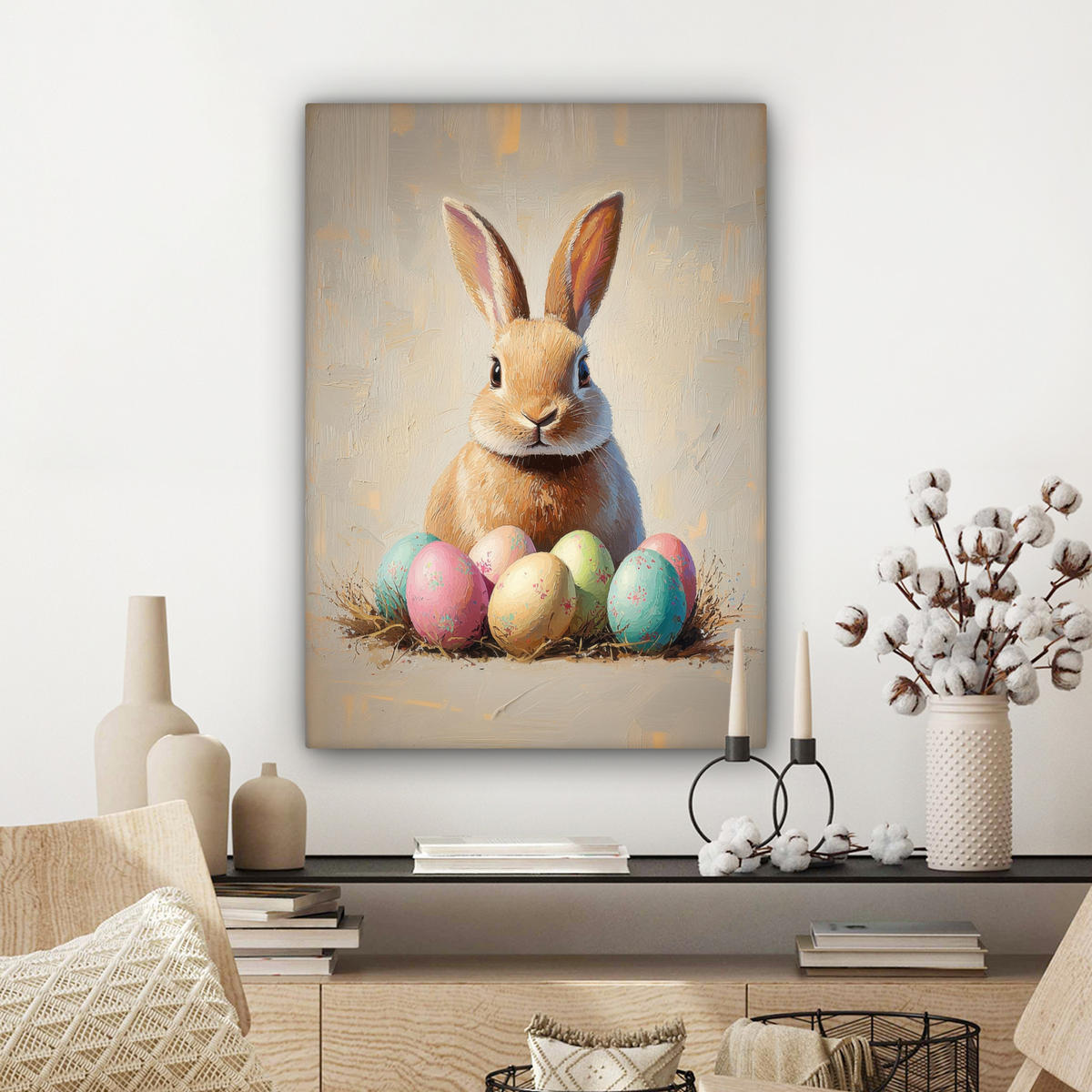 LEINWANDBILD Osterhase - Pastell - Eier Wandbild Wohnzimmer 60x80 cm - Beige, Textil (60/80cm) - MuchoWow