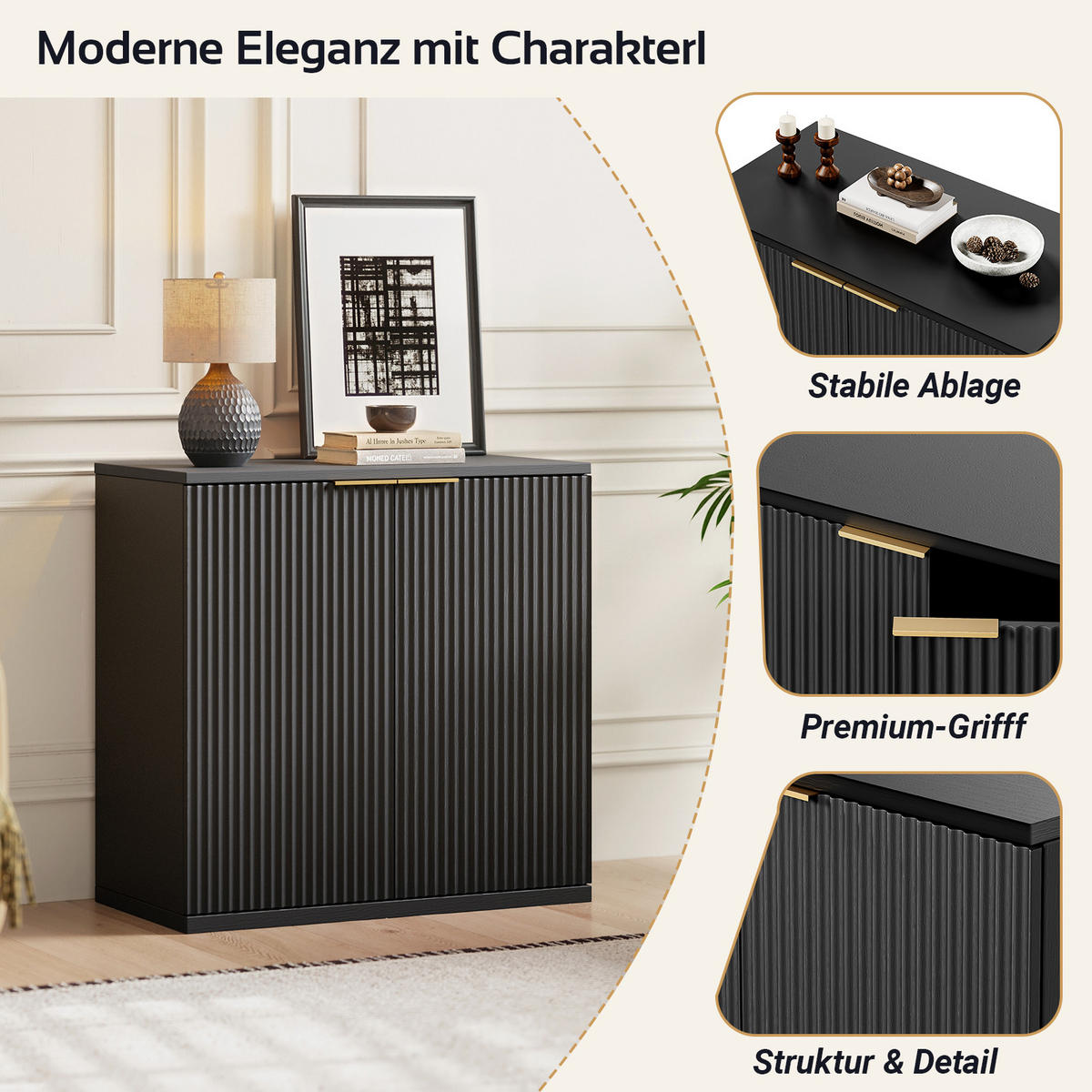 SIDEBOARD 80/40/80 cm schwarz aus MDF mit Faltenfront und Stauraum - Schwarz, Holzwerkstoff (80/80/40cm) - OKWISH