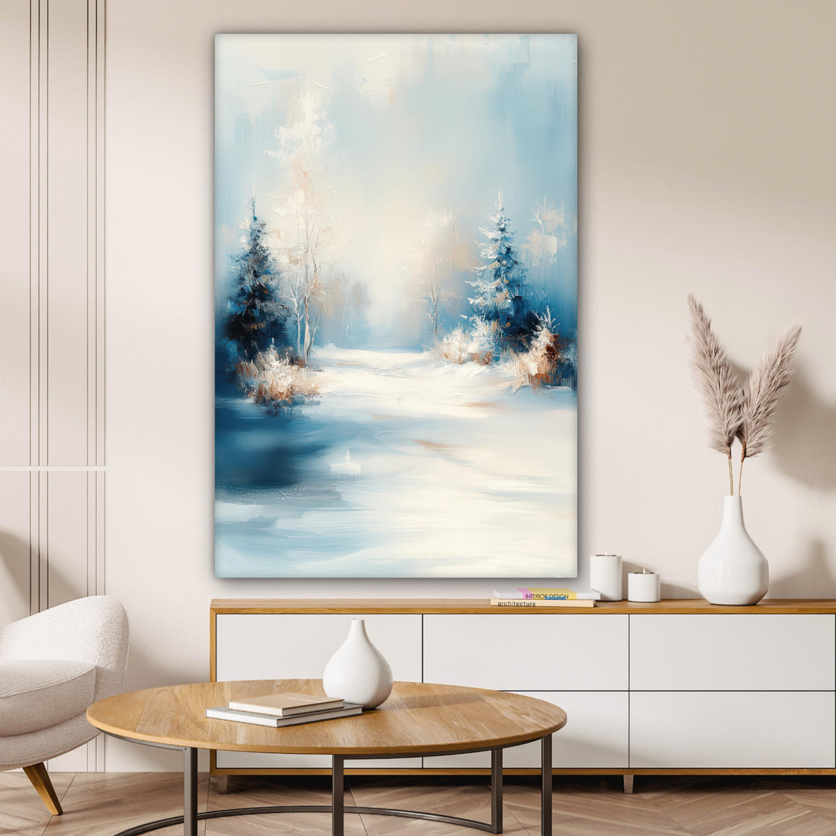 LEINWANDBILD Wald - Winter - Natur - Abstrakt - Schnee Deko XXL 80x120 cm - Weiß, Textil (80/120cm) - MuchoWow