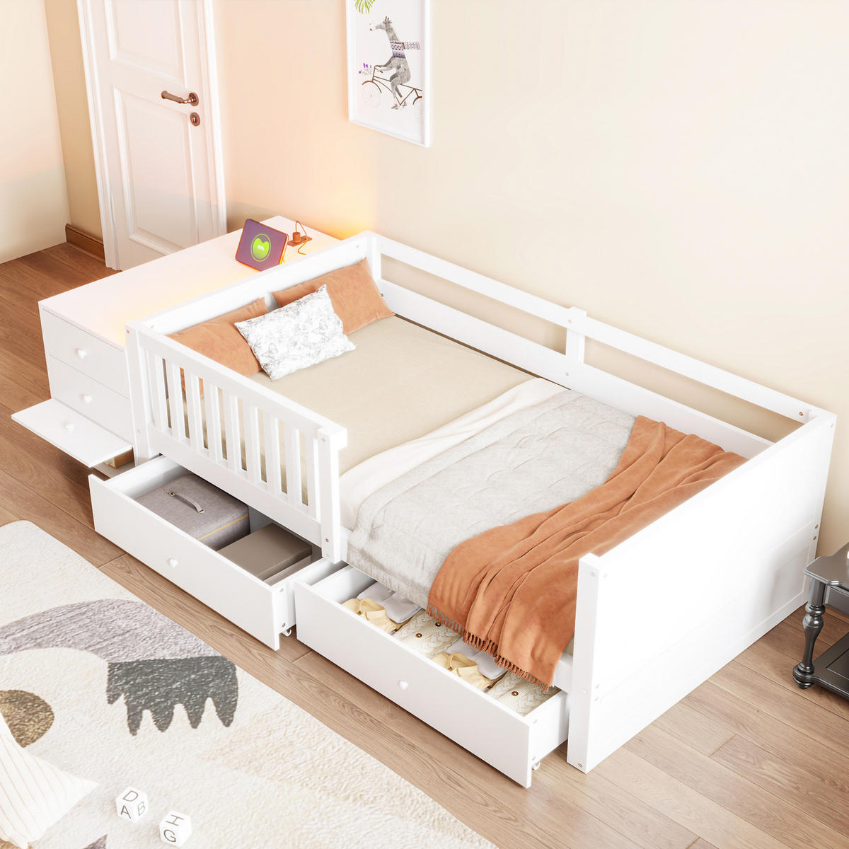 KINDERBETT 90/200 cm in Weiß mit 2 Schubladen, Regalen, Klapptür, Steckdose und LED aus Holz - Weiß, Holzwerkstoff (90/200cm) - STILVORA