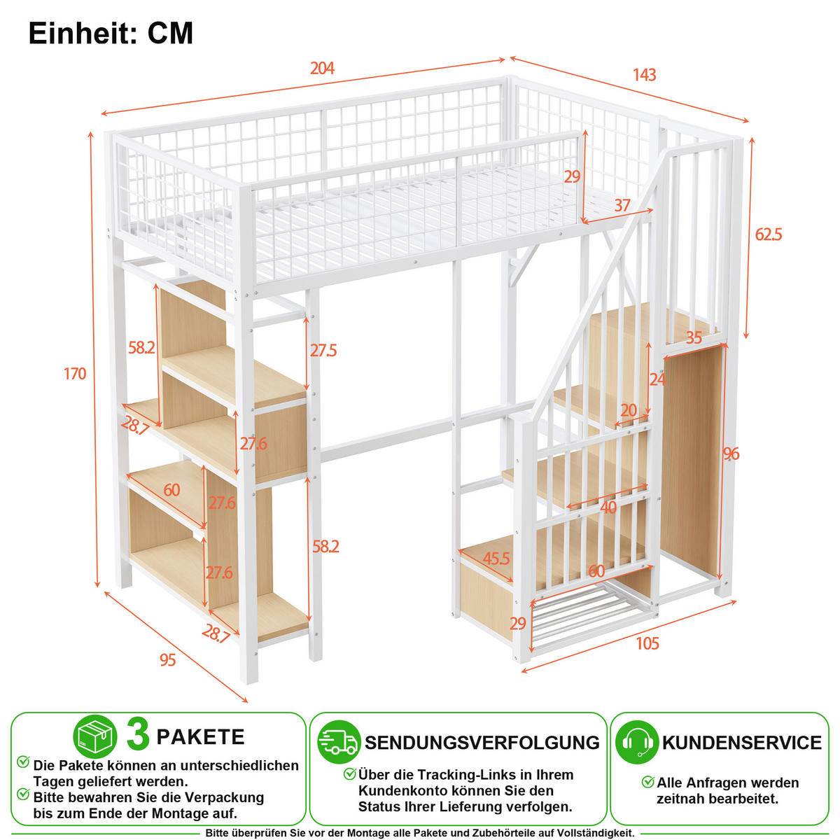 VYVÝŠENÁ POSTEL 90/200 cm v bílé barvě se schody a úložným prostorem - bílá, kov/kompozitní dřevo (90/200cm) - CHICFURN