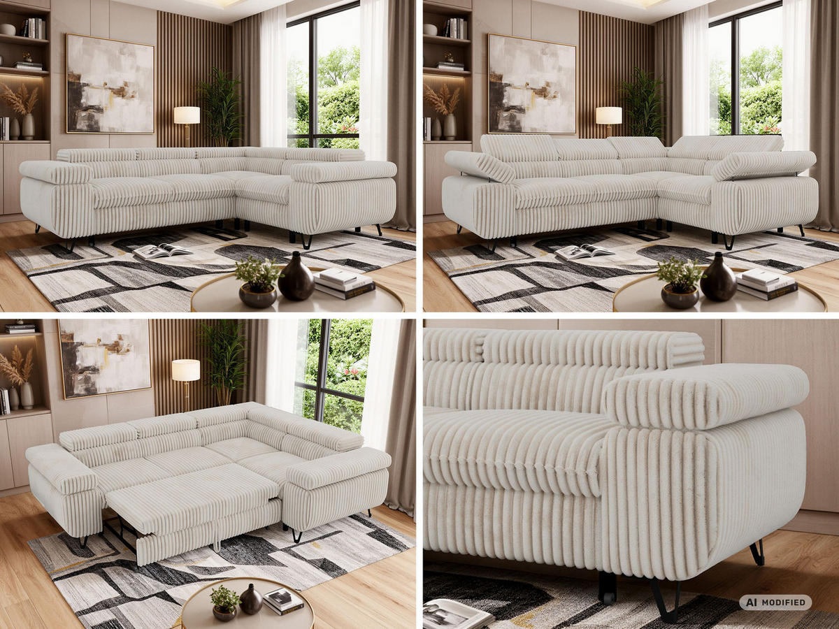 ECKSOFA FALCO L - Beige Cord - Rechts Seite - Beige/Creme, Textil/Metall (268/197cm) - MKS