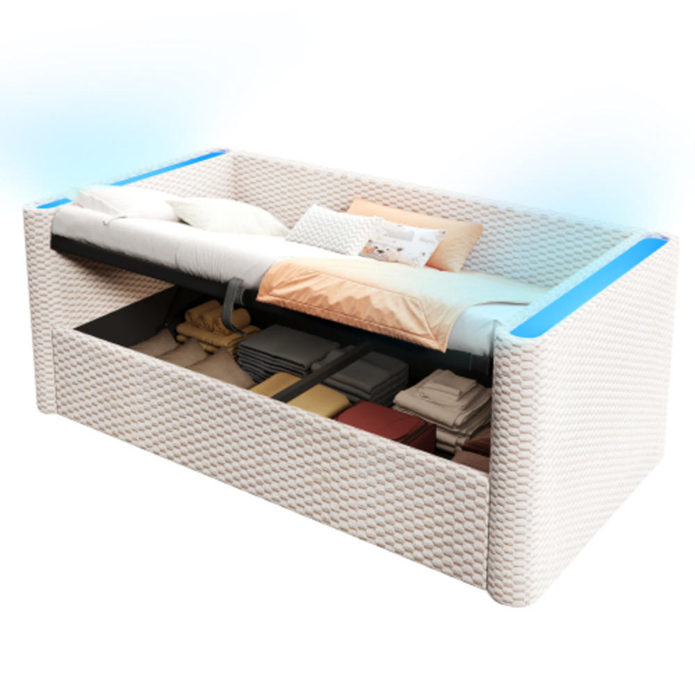 SCHLAFSOFA 90 × 200 cm aus Samt mit hydraulischem Stauraum und App-steuerbarer LED-Leiste, beige - Beige, Textil (104/64/228cm) - Luhomfu