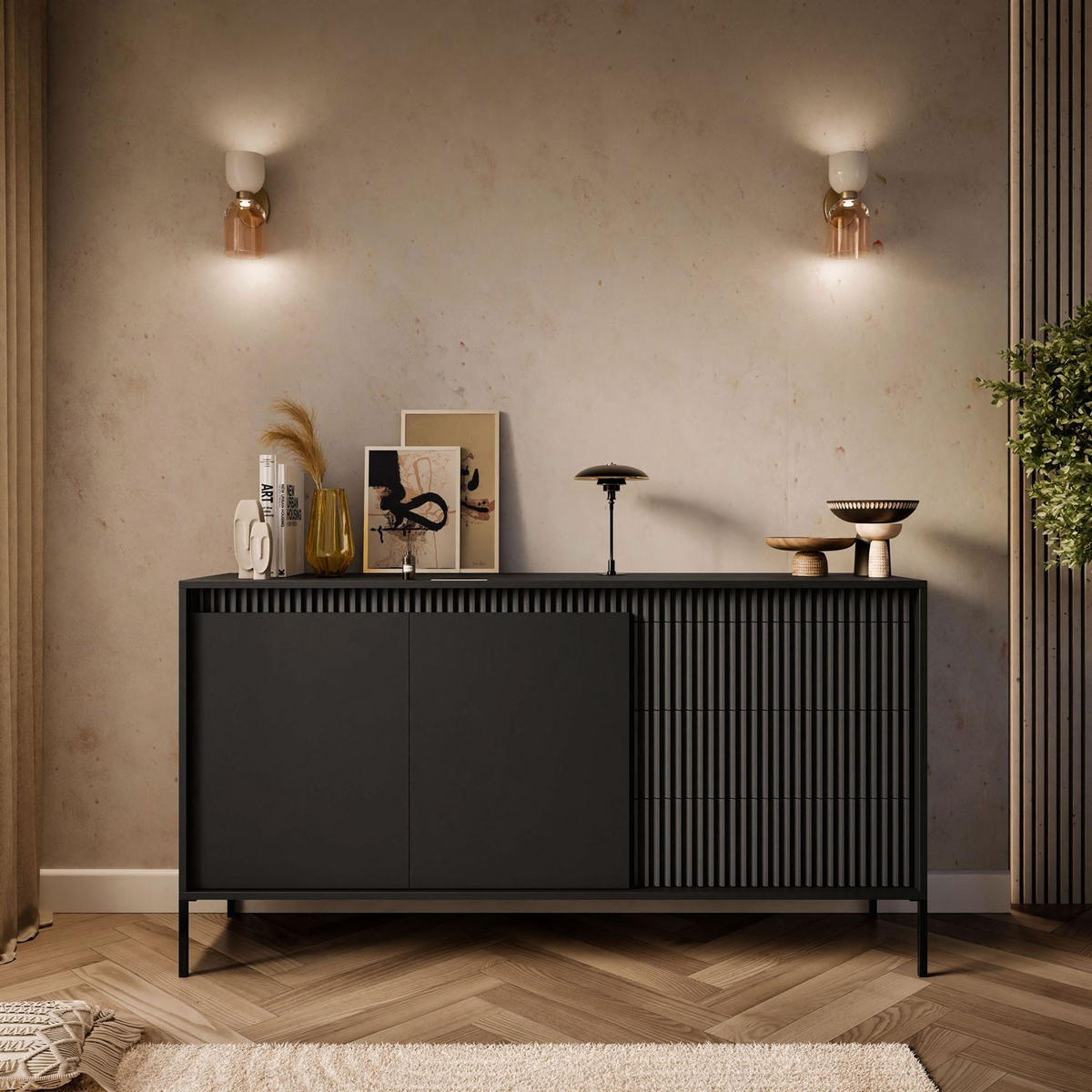 KOMMODE YASUMI 153 2D3S mit Schubladen schwarz matt - Schwarz, Holzwerkstoff (153.5/81.4/39.4cm) - Lookway