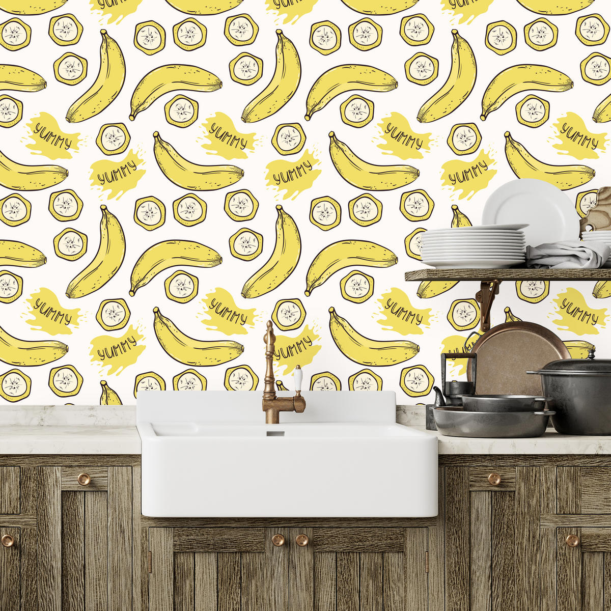 VLIESTAPETE Bananen und Schriftzüge – Gelb, Weiß – 50x1000 cm - Gelb/Weiß, Papier (50/1000cm) - Muralo