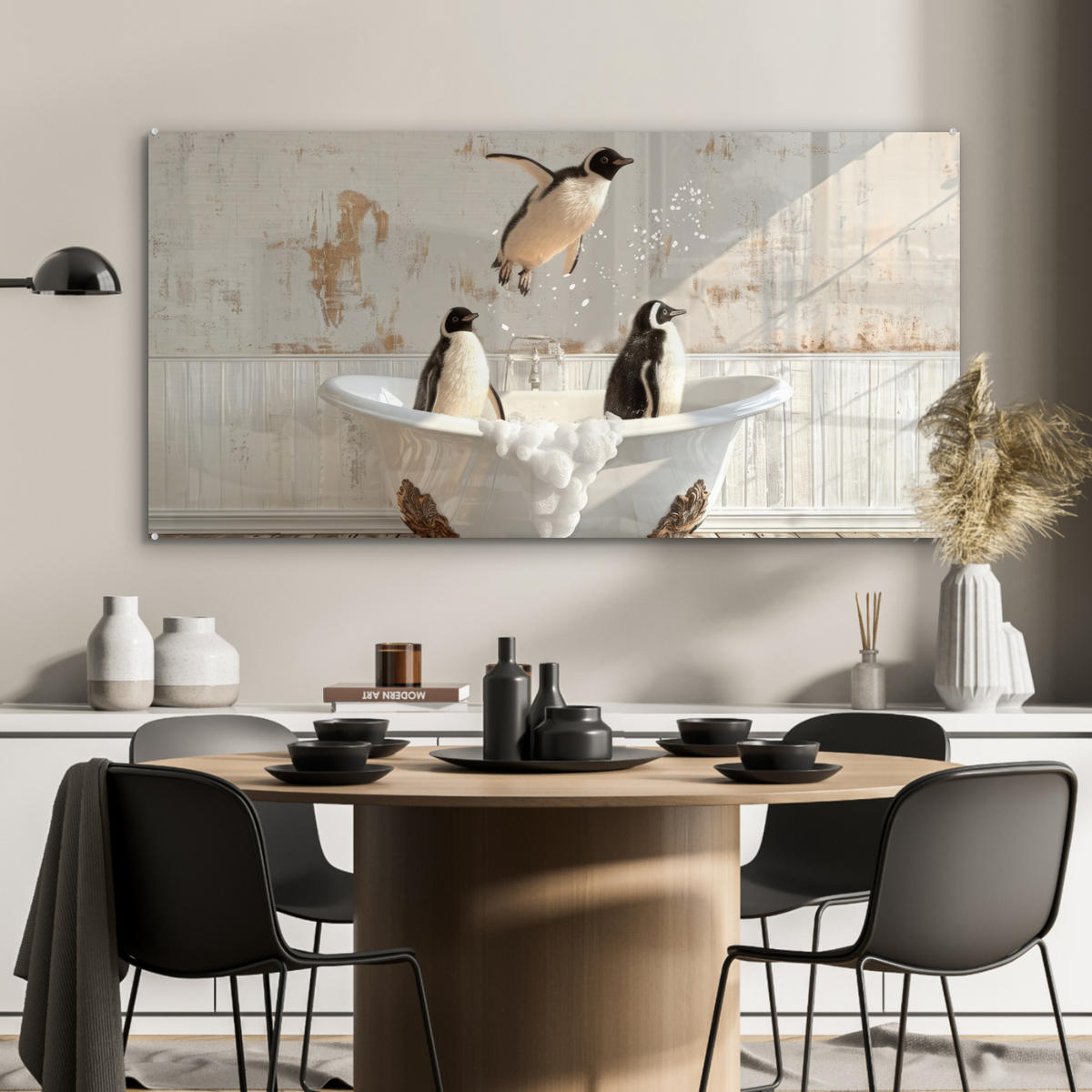 ACRYLGLASBILD Vintage - Pinguin - Badewanne - Schaumstoff 120x60 cm - Schwarz, Glas (120/60cm) - MuchoWow