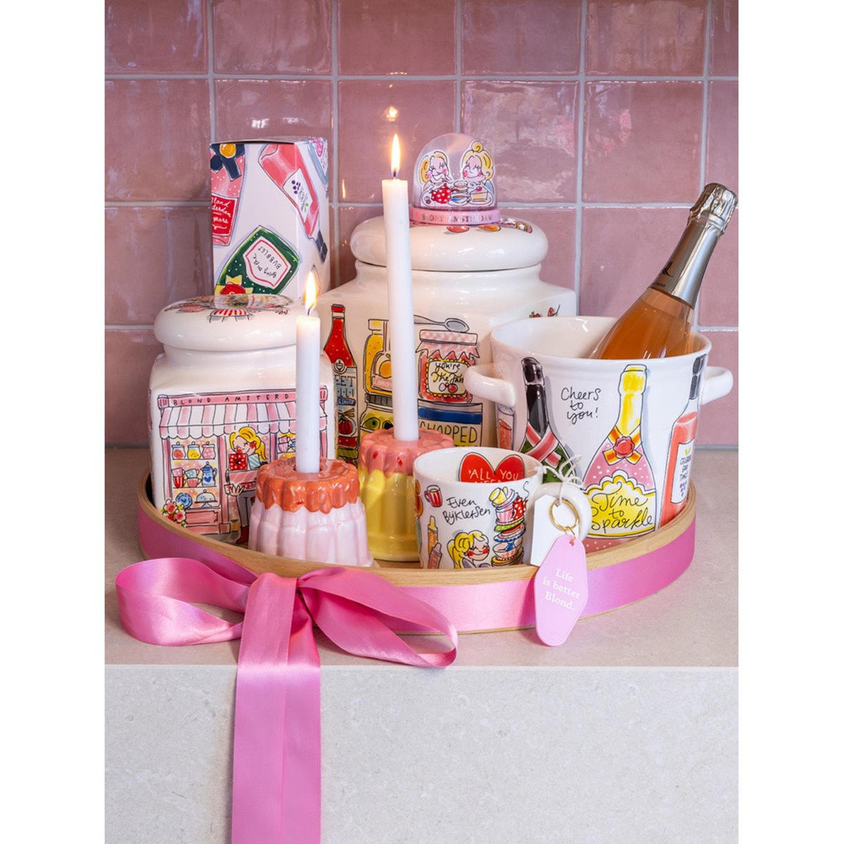 KERZENHALTER Blond Birthday - Rosa Pudding in Bunt - 9cm - Multicolor, Keramik (12/9/8cm) - Blond Amsterdam