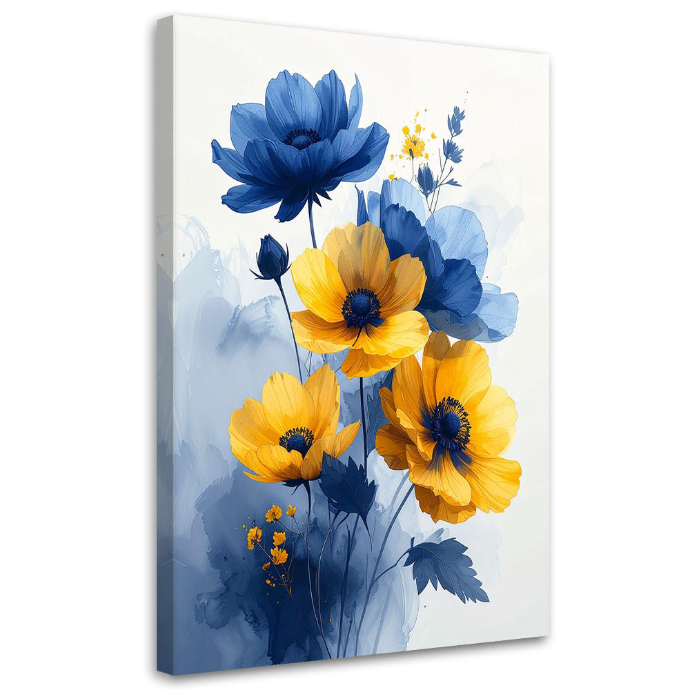 WANDBILD, Blaue und gelbe botanische Blumen - Blau, Textil (70/100cm) - Feeby