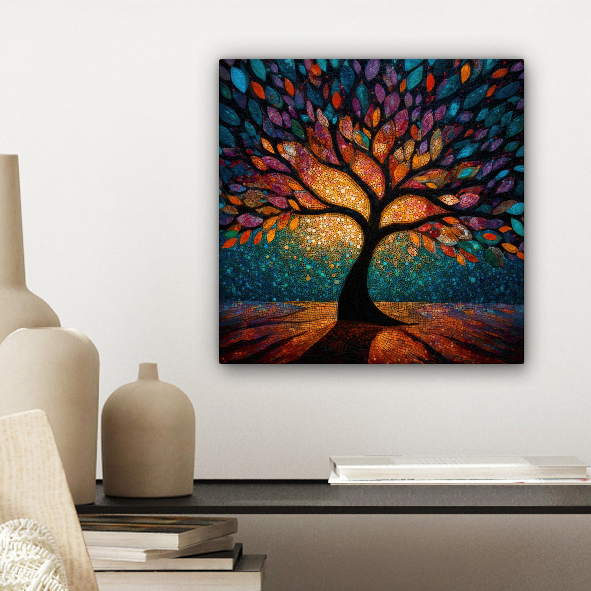 LEINWANDBILD Mosaik - Bunt - Baum - Äste Deko Wohnzimmer 20x20 cm - Multicolor, Textil (20/20cm) - MuchoWow