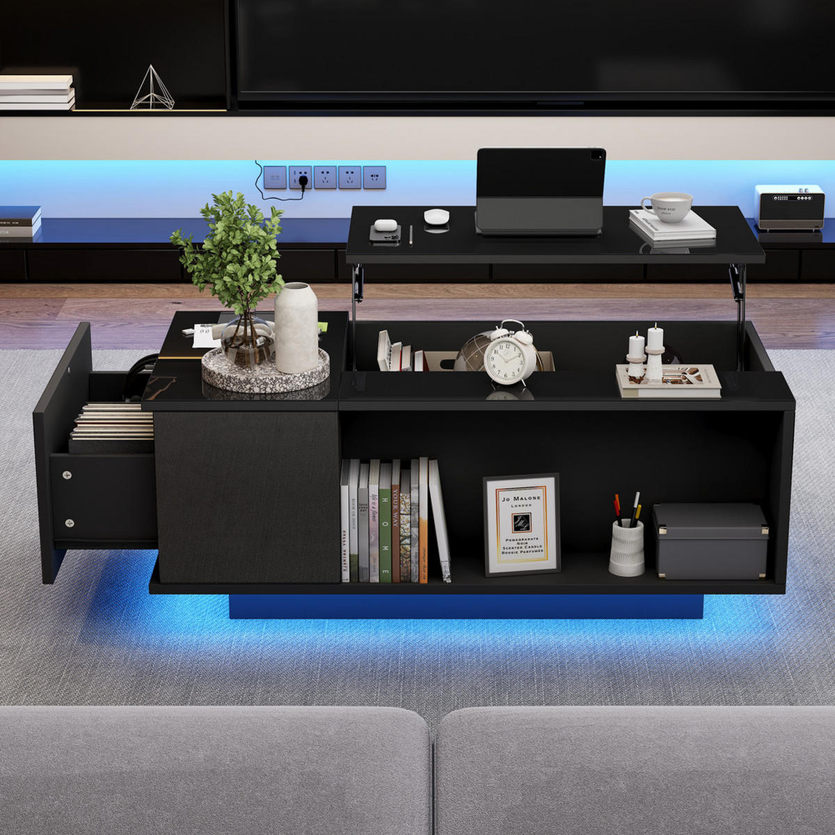 KONFERENČNÍSTOLEK 100x50cm Černý LED Zvedací Úložný - černá, dřevo (108.64/58.24/15.9cm) - FLIEKS