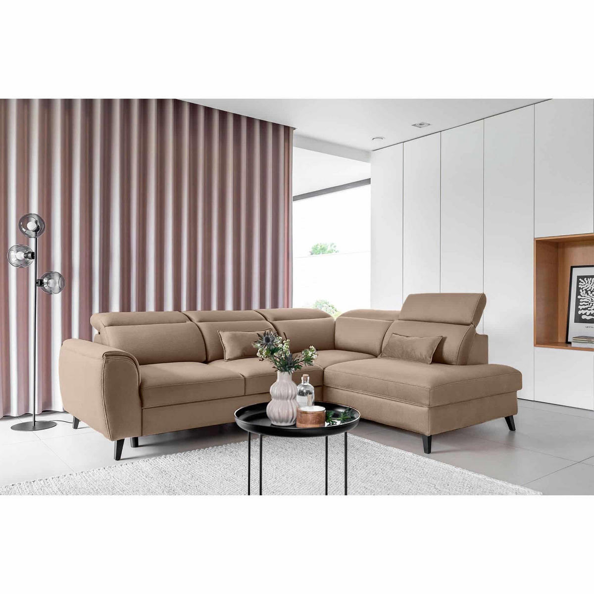 ECKSOFA mit Schlaffunktion & Bettkasten - Hellbraun/Schwarz, Holz/Textil (201/255cm) - Eltap