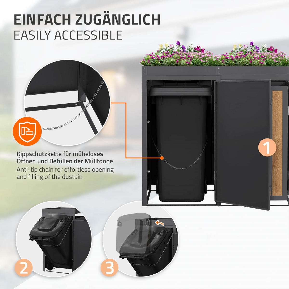 MÜLLTONNENBOX 4er mit Pflanzdach 240L Anthrazit-Holzoptik aus Stahl - Hellbraun, Metall (80/124/260cm) - ML-DESIGN