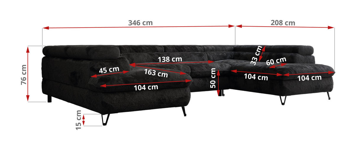 WOHNLANDSCHAFT PEDRO U Plüsch Schwarz - Schwarz, Textil/Metall (346/76/208cm) - MKS
