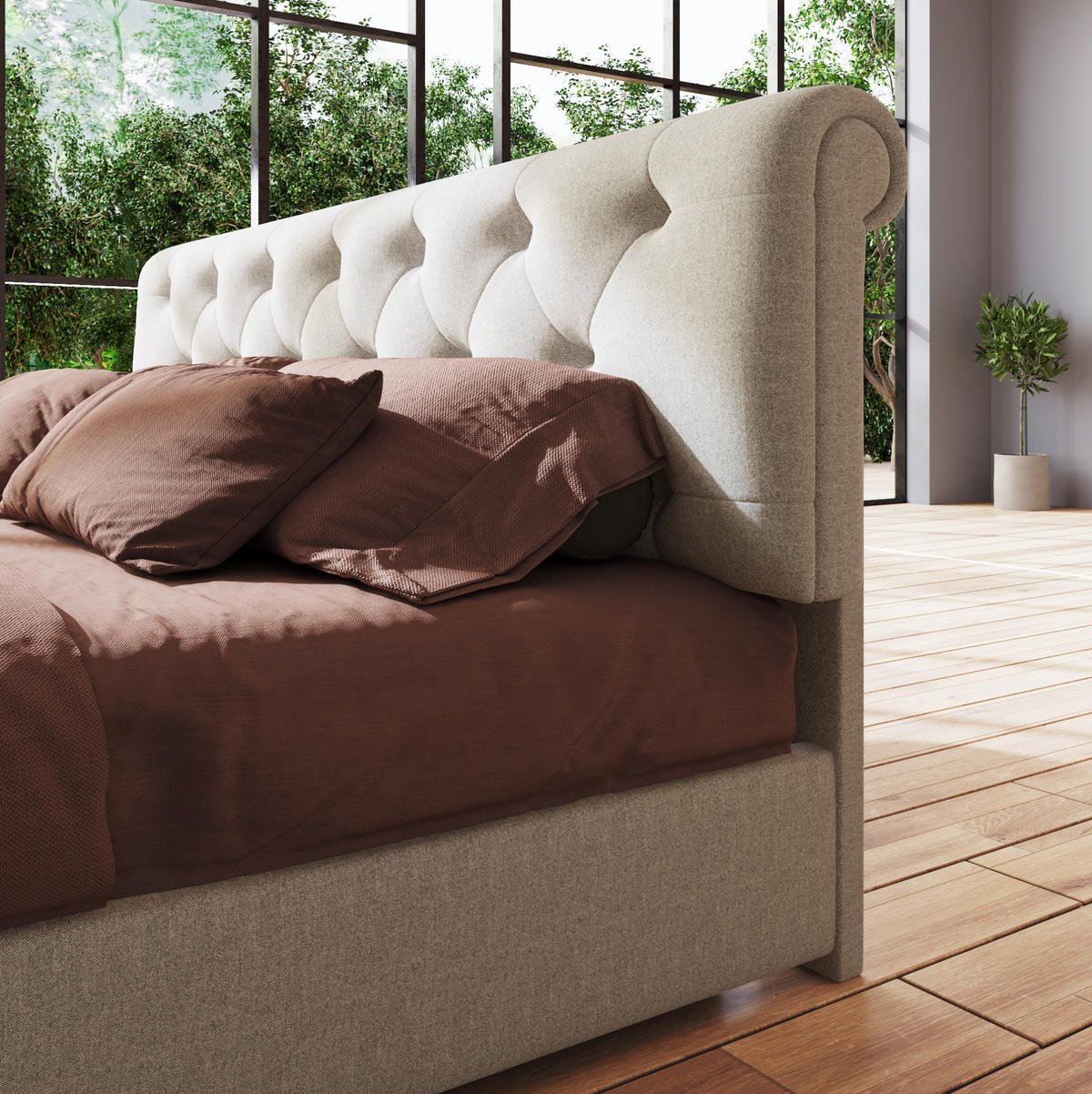BETT mit Bettkasten und verstellbarem Kopfteil 140x200 cm Leinen Natur - Beige, Metall (140/200cm) - Meubliv