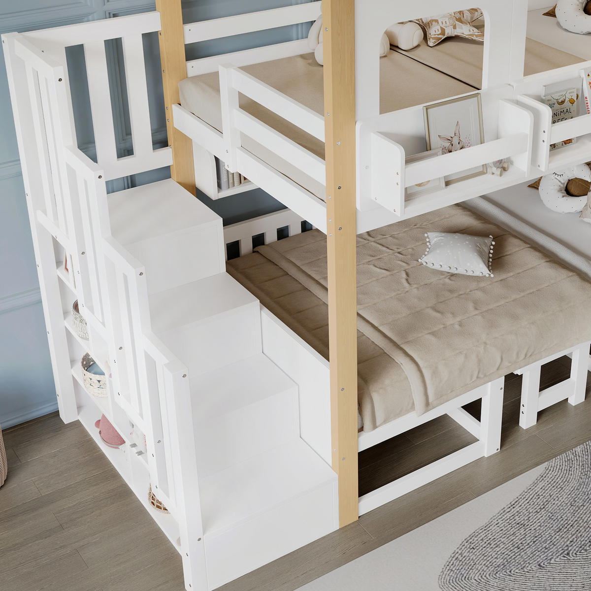 ETAGENBETT 90/200 cm in Weiß & Natur Kinderbett mit Aufbewahrungstreppe, Klapptisch und Regal - Weiß/Naturfarben, Holzwerkstoff (90/200cm) - STILVORA