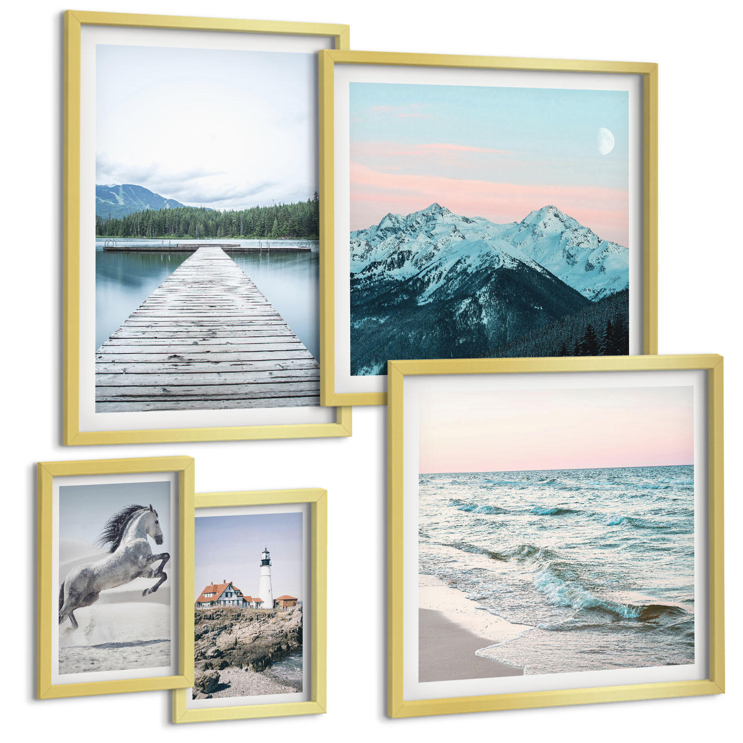 BILDER SET 5er Set - 50x50 cm & 20x30 cm & 40x60 cm Goldrahmen - Landschaften europäischer Städte - Goldfarben, Kunststoff (40/60cm) - TULUP