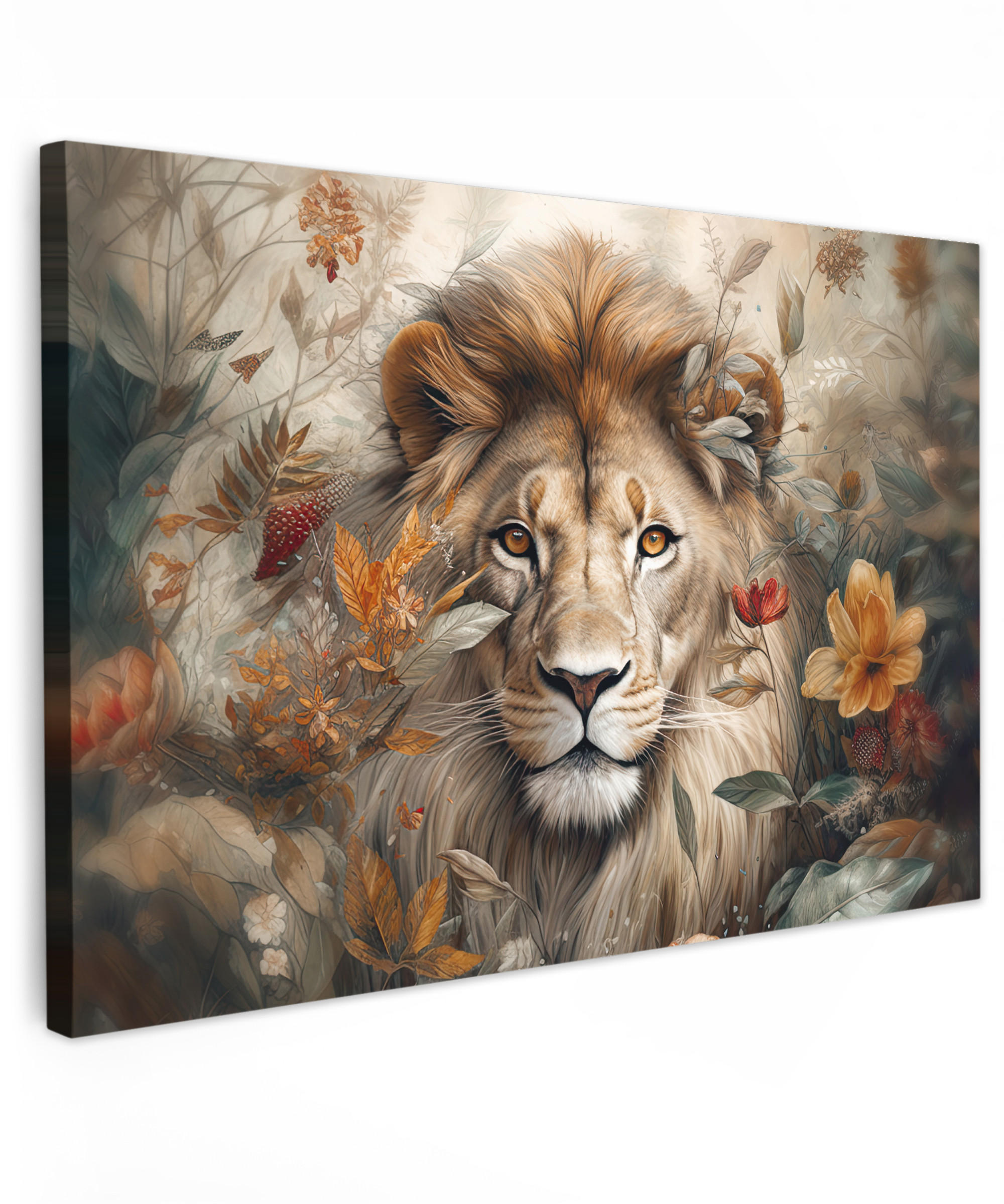 LEINWANDBILD Löwe - Wildtiere - Pflanzen - Natur - Blumen Gemälde 60x40 cm - Beige, Textil (60/40cm) - MuchoWow