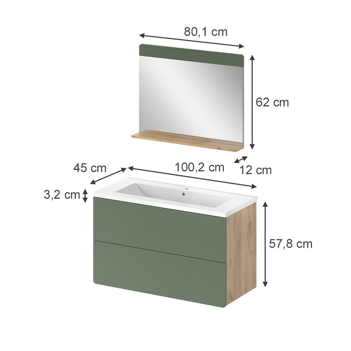 BADMÖBEL-SET Izan, Grün/Goldkraft Eiche, 3-teilig - Honigeiche/Grün, Holzwerkstoff (100/57.8/44.6cm) - Vicco