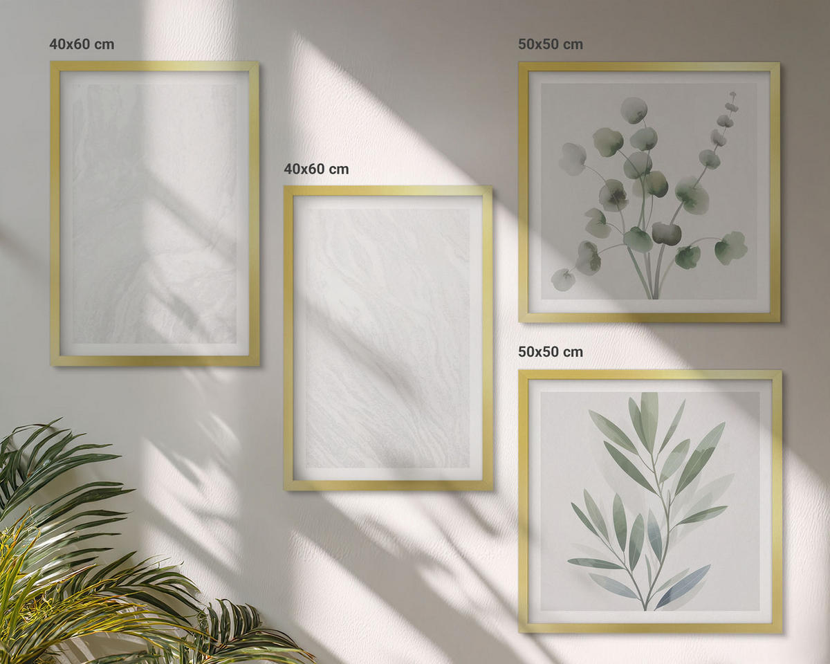 BILDER SET 4er Set - 50x50 cm & 40x60 cm Goldrahmen - Marmorstruktur, pastellfarbene Zweige - Goldfarben, Kunststoff (50/50cm) - TULUP