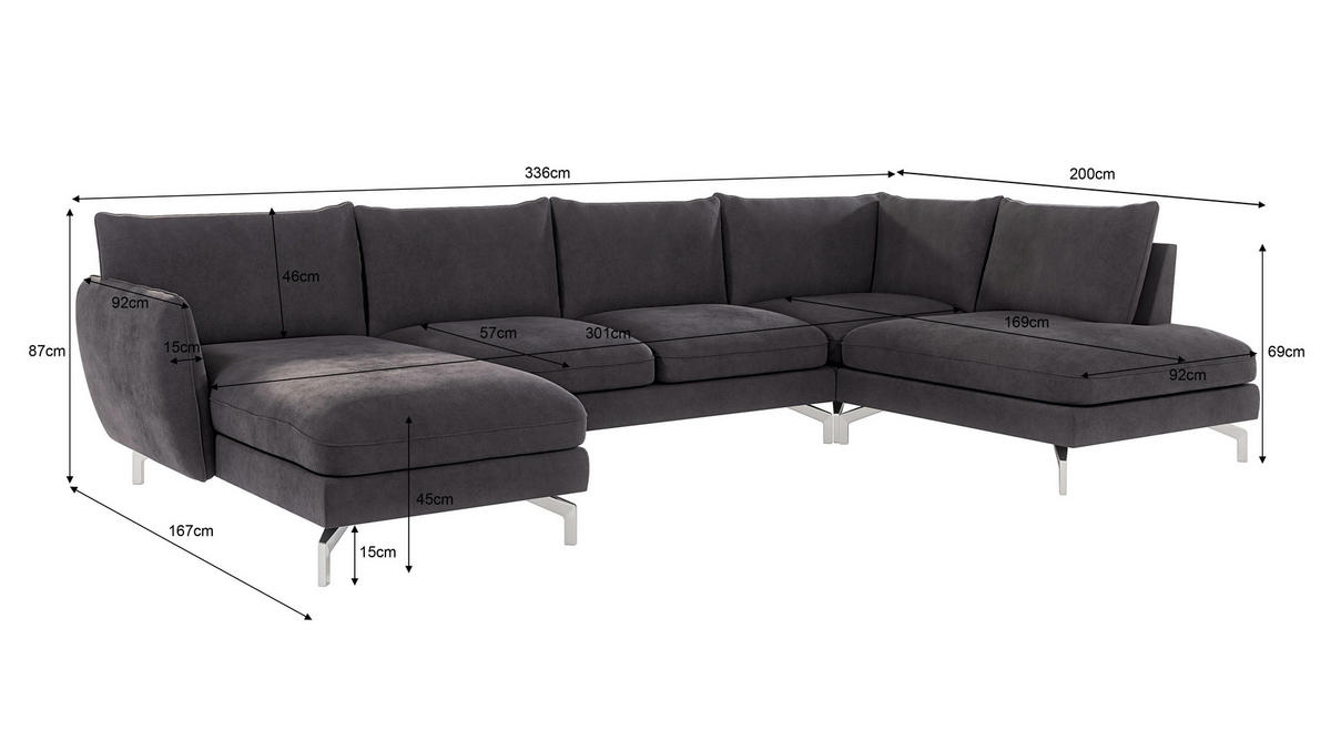WOHNLANDSCHAFT Elou Graphit Luxusmicrofaser - Chromfarben/Graphitfarben, Textil/Metall (336/87/200cm) - S-Style Möbel