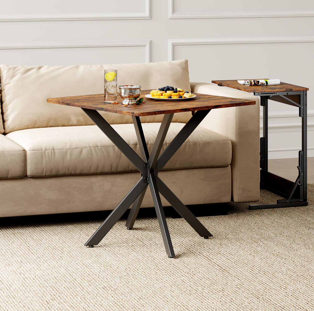 BEISTELLTISCH 80/80/75 cm in Vintagebraun mit schwarzem X-Gestell - Braun, Holzwerkstoff (80/80/75cm) - BEAOK