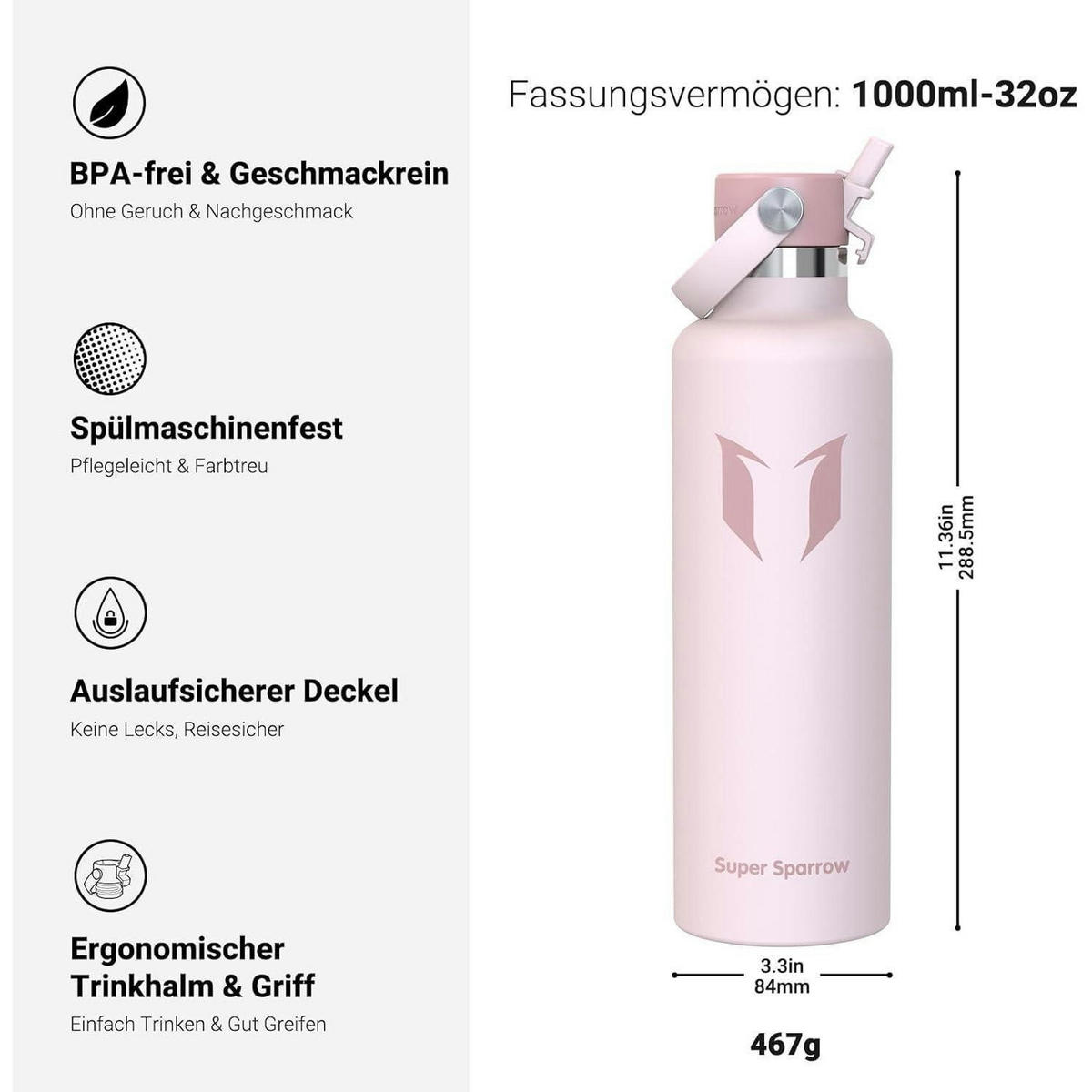 TRINKFLASCHE Edelstahl 1000 ml Kirschblüten - Rosa, Metall (8.5/8.5cm)