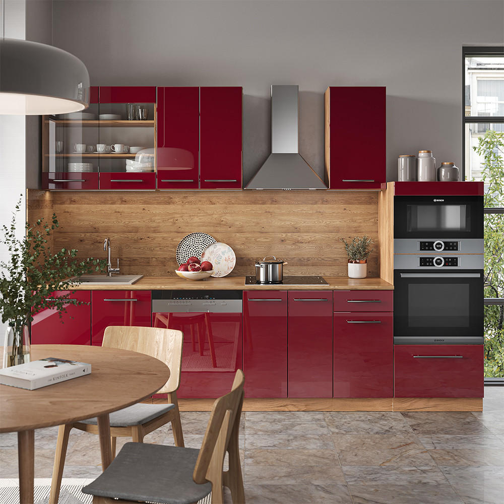KÜCHENZEILE Fame-Line Bordeaux Hochglanz/Goldkraft Eiche 300 cm AP Anthrazit - Honigeiche/Bordeaux, Holzwerkstoff (300/81.6/60cm) - Vicco