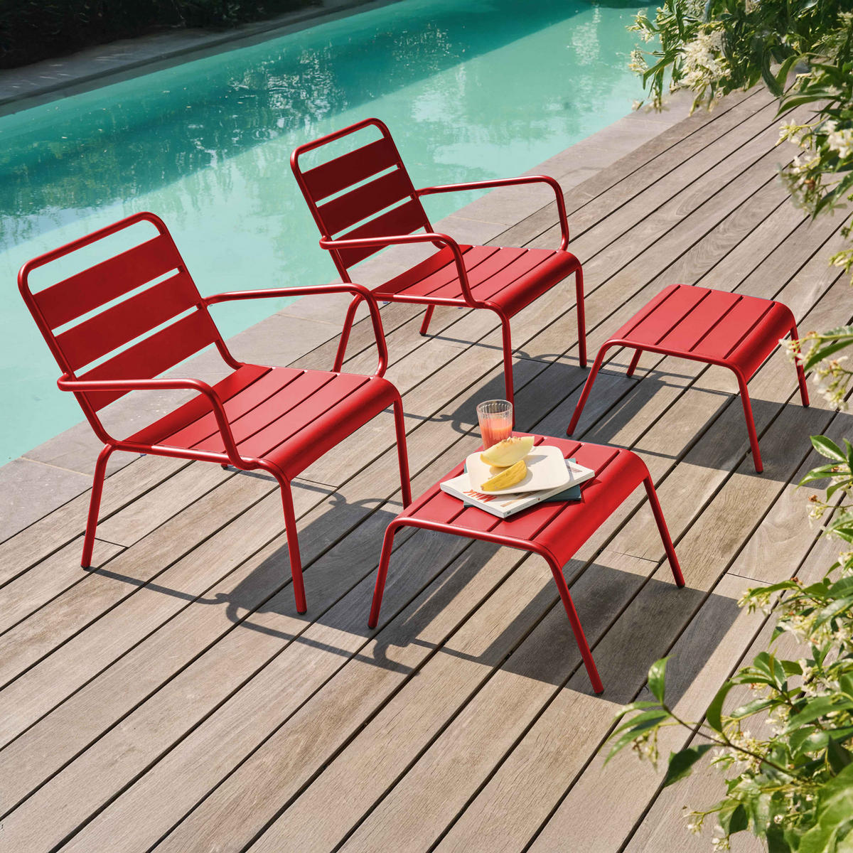RELAXSESSEL MIT HOCKER 2-tlg., Rot - Rot, Metall (64/72/60cm) - Oviala