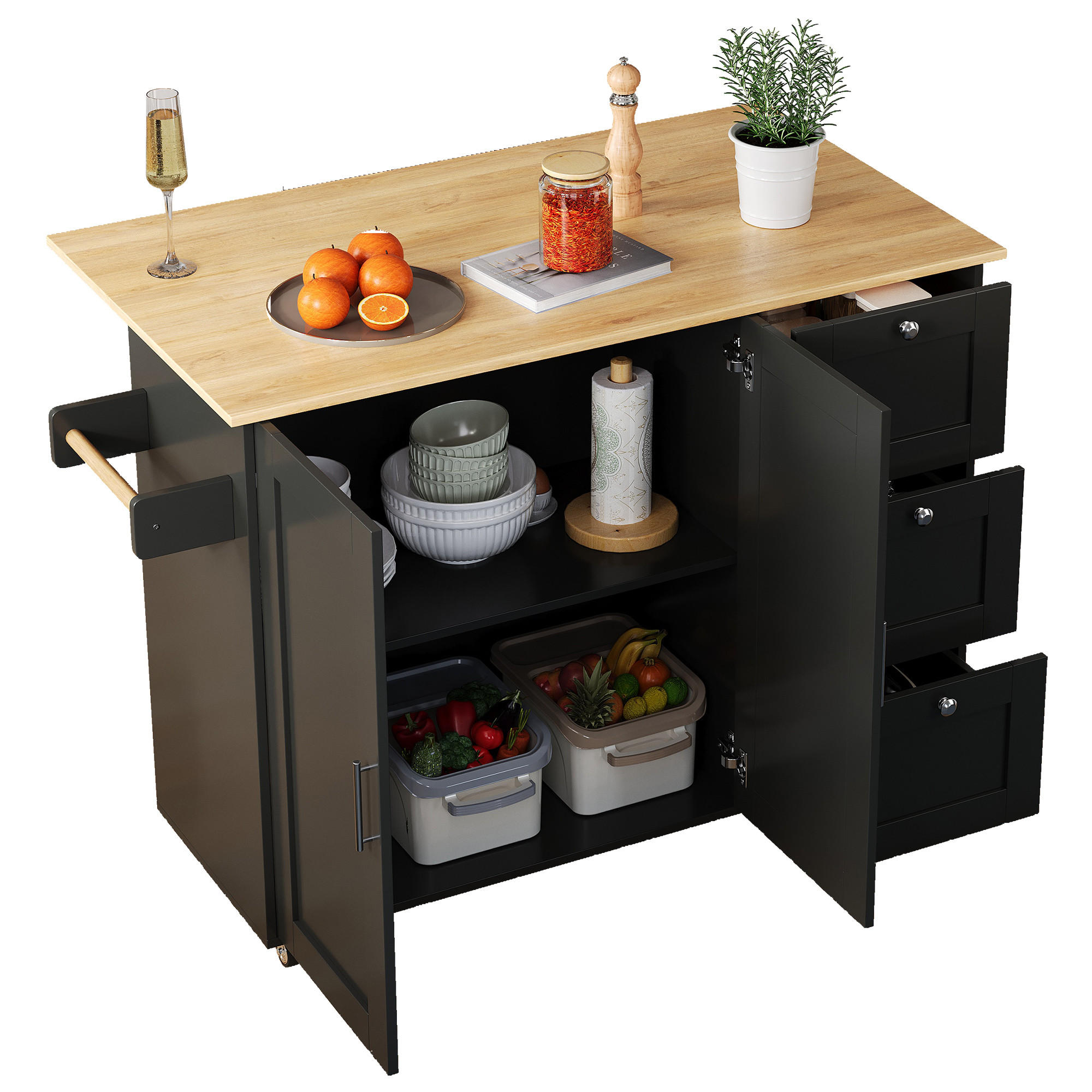 STILVORA KUCHYŇSKÝ OSTRŮVEK černý/přírodní servírovací vozík se zásuvkami do kuchyně a jídelny, 135×44(70)×90 cm