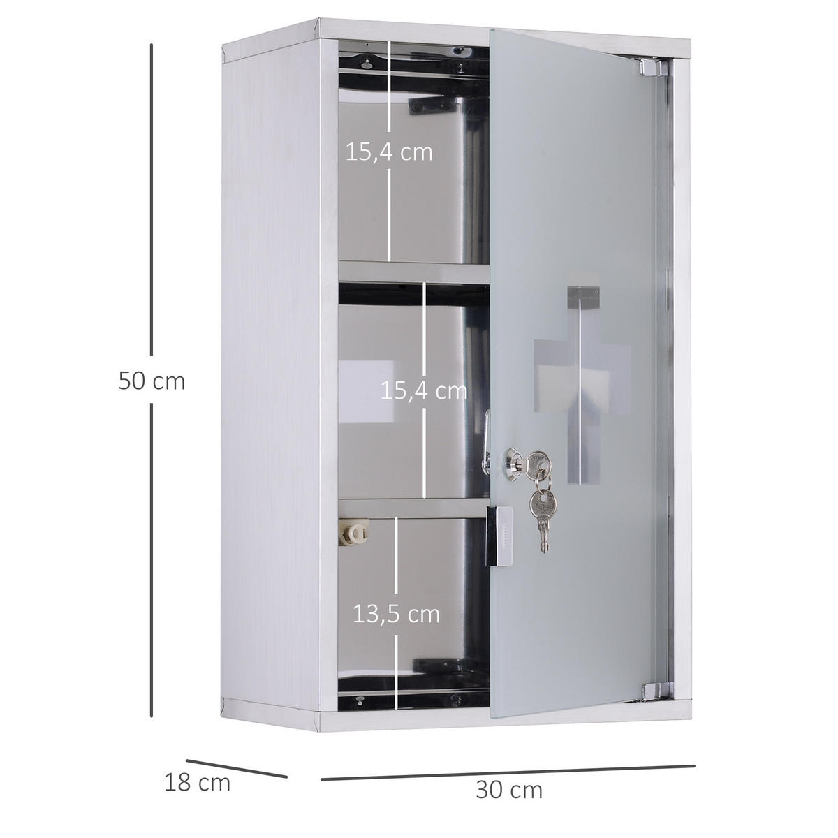 MEDIZINSCHRANK, Erste Hilfe, mit Schloss, Edelstahl, 30 x 18 x 50 cm - Silberfarben, Glas (18/50/30cm) - HOMCOM