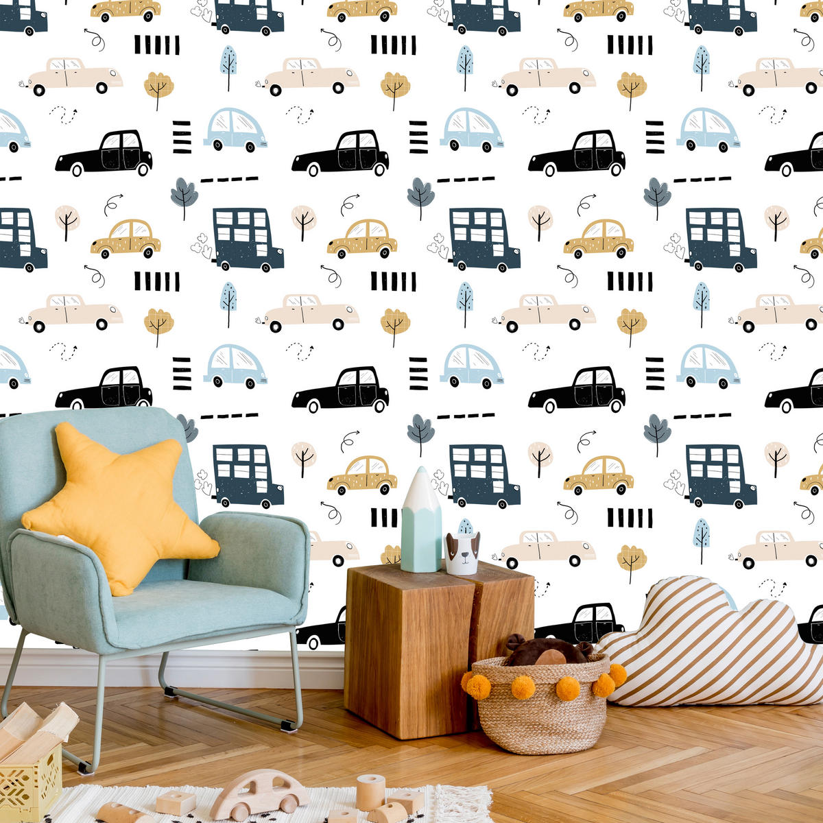 VLIESTAPETE Pastellautos und Bäume – Blau, Beige, Weiß – 50x1000 cm - Blau/Beige, Papier (50/1000cm) - Muralo