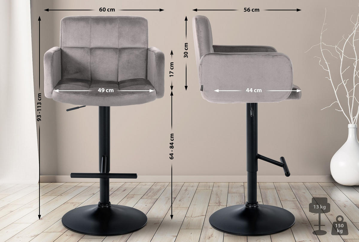 BARHOCKER Lausanne Samt schwarz grau - Hellgrau/Schwarz, Textil/Metall (60/113/56cm) - TPFLiving