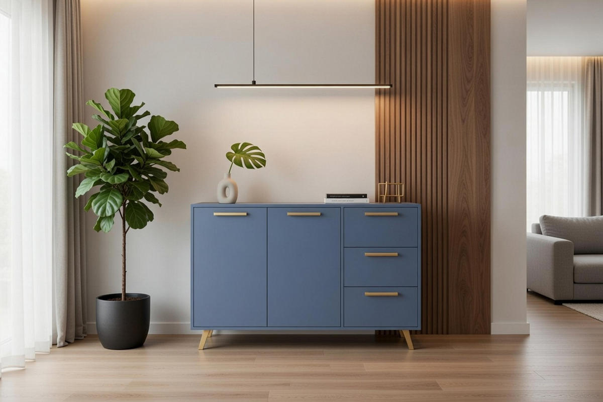KOMMODE Nancy mit 3 Schubladen und 2 Türen, Sideboard in Farbe: Blau, Schrank in Größe: 140 x 86 x 41 cm - Blau, Holzwerkstoff (140/86/41cm) - Agmat-Furniture