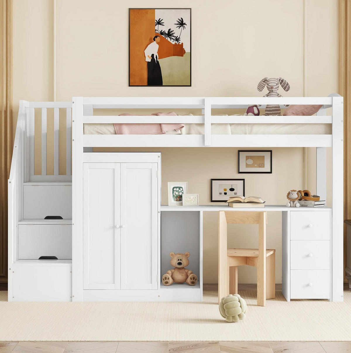 HOCHBETT 90/200 cm Weiß aus Kiefernholz und MDF mit Schreibtisch und Stauraum - Weiß, Holzwerkstoff (90/200cm) - OKMYHOME