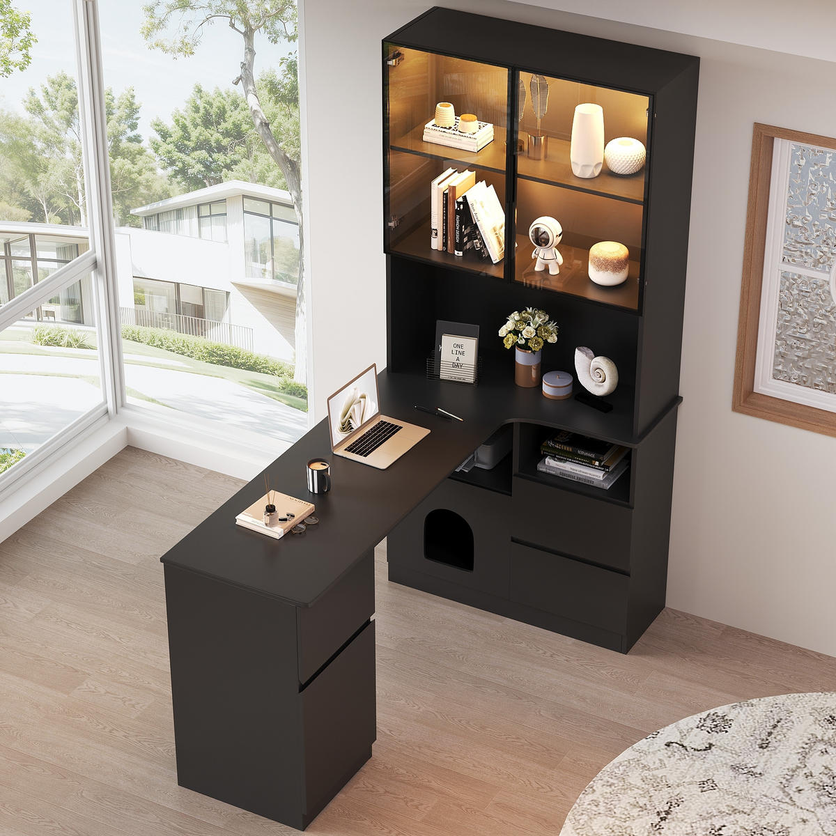 SCHREIBTISCH in Schwarz Eckschreibtisch mit Regal und LED-Vitrine für Wohnzimmer und Schlafzimmer, B120/T80/H180 cm - Transparent/Schwarz, Holzwerkstoff (80/120/180cm) - STILVORA