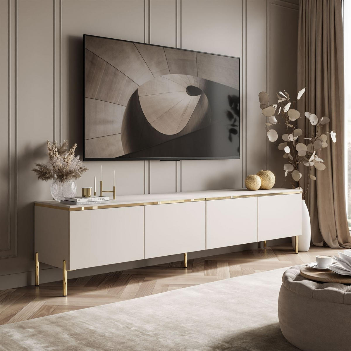 TV-LOWBOARD CELINE KASCHMIR 200 cm auf geraden goldenen Chrom-Beinen - Kaschmir/Goldfarben, Holzwerkstoff/Metall (200/49/40cm) - Lookway
