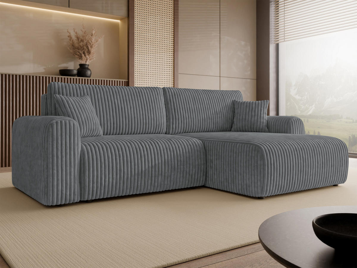 ECKSCHLAFSOFA Floryn L Cord Bis - Schwarz/Grau, Holz/Kunststoff (245/145cm) - MIRJAN24