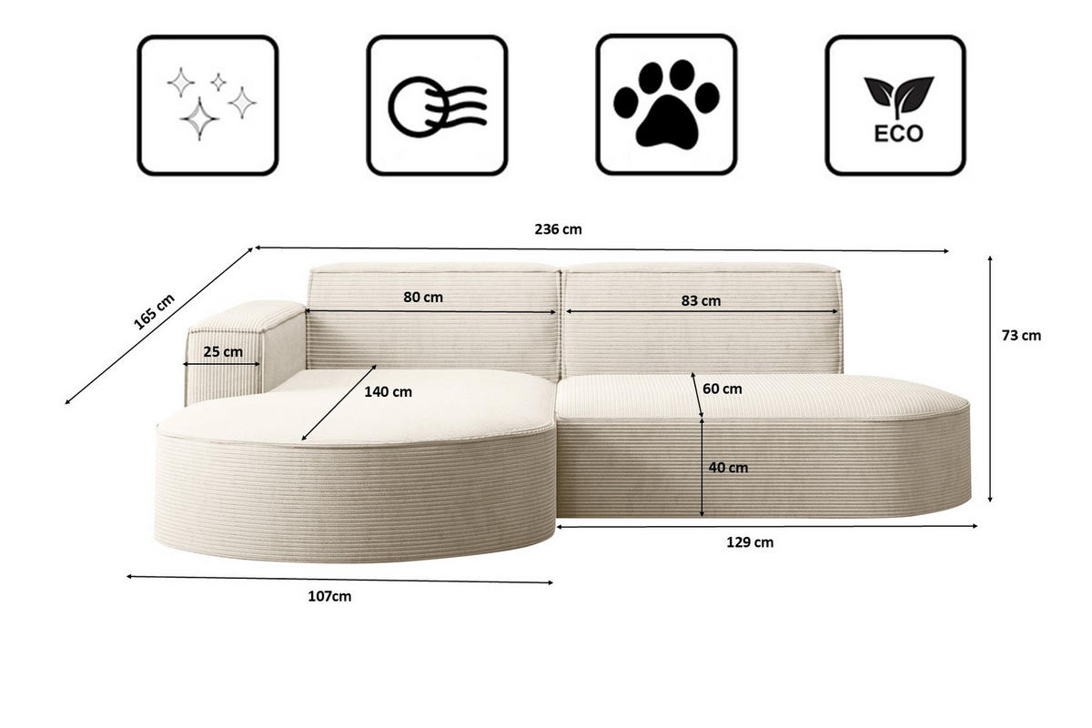 ECKSOFA Modena Studio, Cord Stoff Ecru Links - Ecru, Holzwerkstoff/Textil (165/236cm) - Kaiser Möbel
