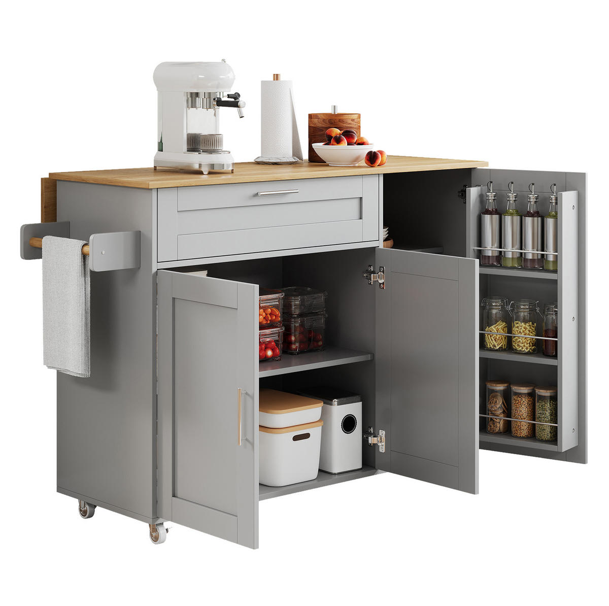 KÜCHENWAGEN 132,5/44(70)/90 cm in Grau mit klappbarer Arbeitsplatte und Rollen - Grau, Holzwerkstoff (132.5/90/70cm) - Flora Grace