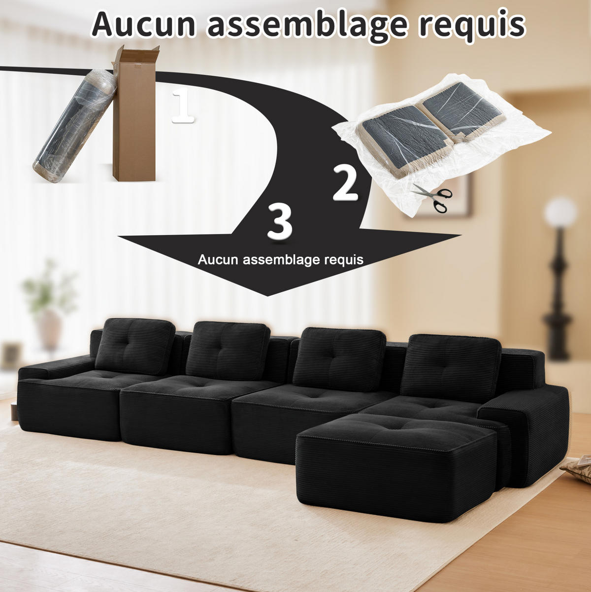 MODULARES Ecksofa mit Cordbezug in Schwarz 293x104x69 cm, tiefe Sitzfläche, ohne Montage - Schwarz, Textil (104/293cm) - IVMEU