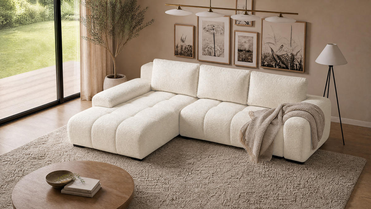 ECKSOFA Ovia mit Bettkasten und Schlaffunktion, Bouclé-Stoff in L-Form - Beige, Textil (270/185cm)