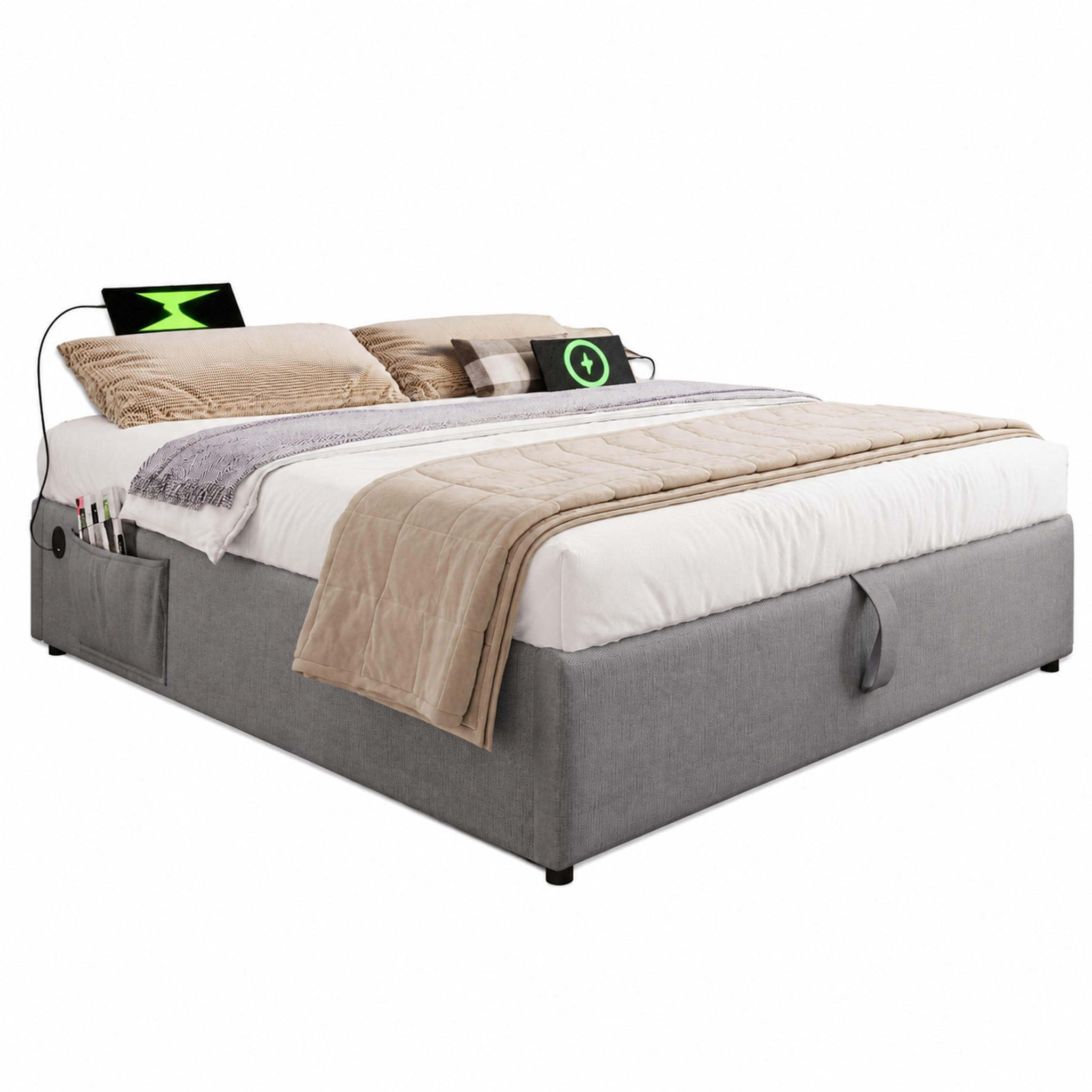 BETT mit Stauraum 160x200 cm Grau Baumwoll-Leinenstoff mit USB-C - Grau, Metall (160/200cm) - Meubliv