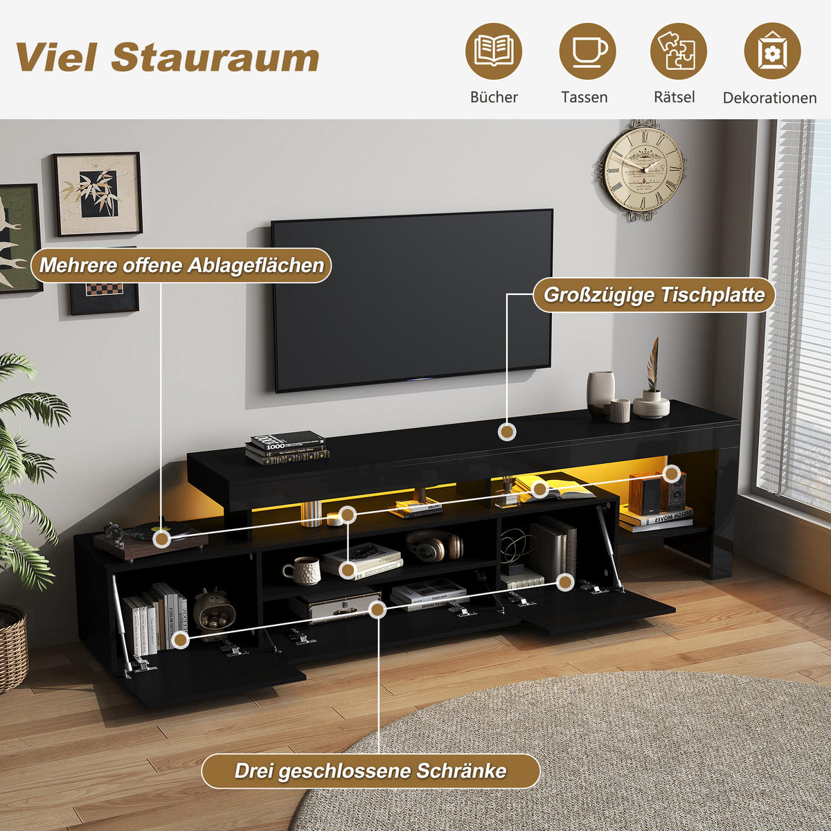 TV-SCHRANK 192/37/53 cm Schwarz mit LED und 3 schränke - Schwarz, Holzwerkstoff (192/53/37cm) - Oxeza