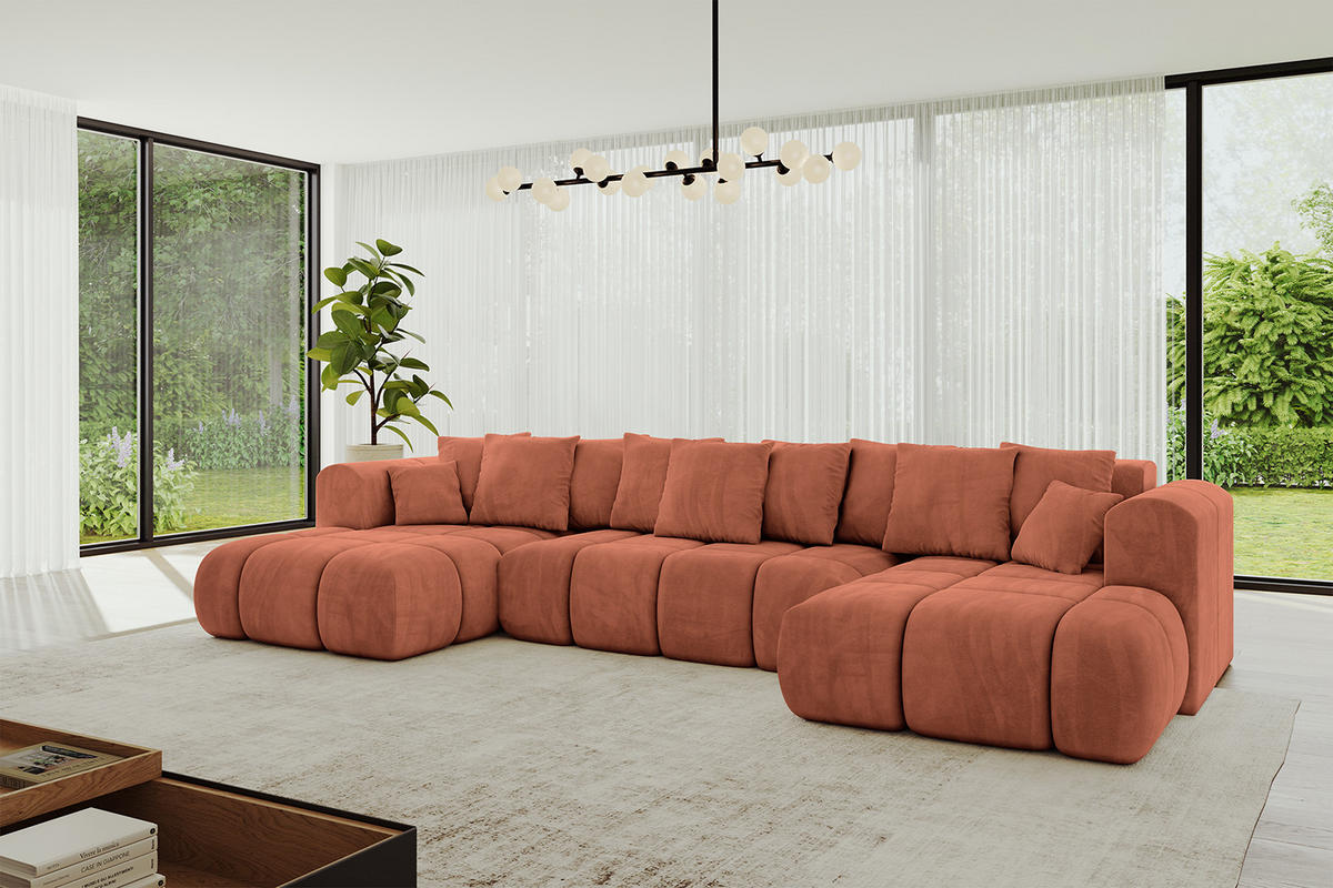 WOHNLANDSCHAFT Ottomane Links CLOUD-U-v1 414x180x40 Apricot Velours - Koralle, Holzwerkstoff/Kunststoff (414/90/180cm) - ALTDECOR