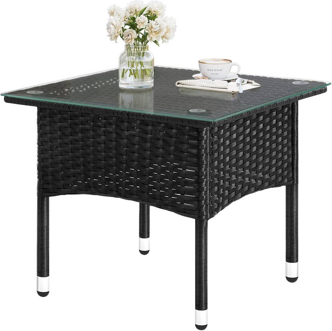 GARTENTISCH mit Glasplatte, klein, Schwarz - Schwarz, Glas/Kunststoff (50/50/45cm) - Woltu