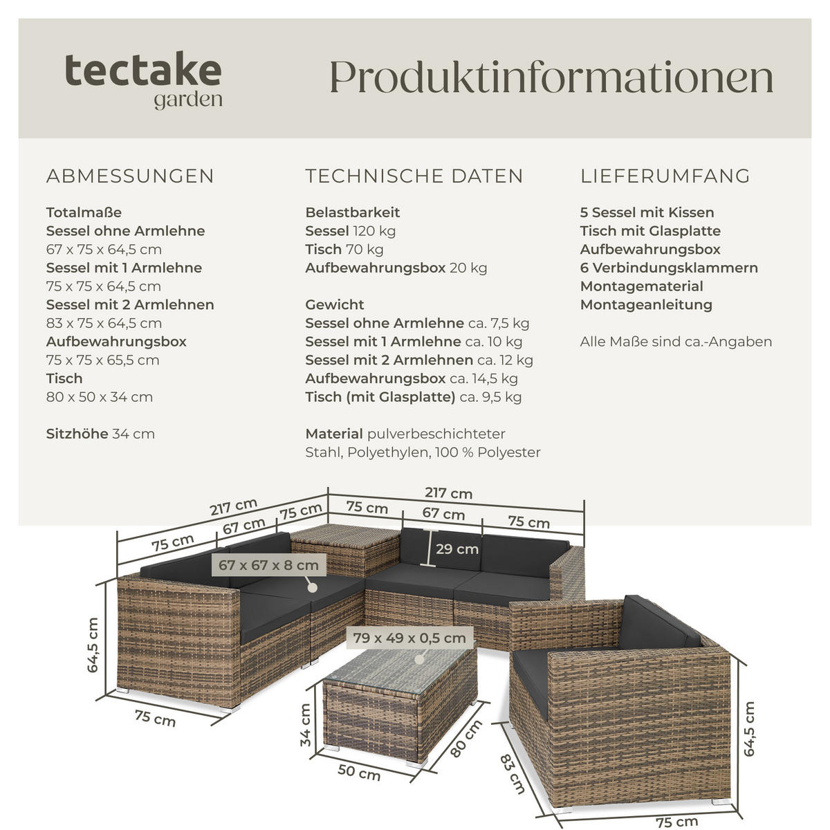 RATTANLOUNGE Pisa,inklusive großer Aufbewahrungsbox,natur - Naturfarben, Kunststoff - tectake