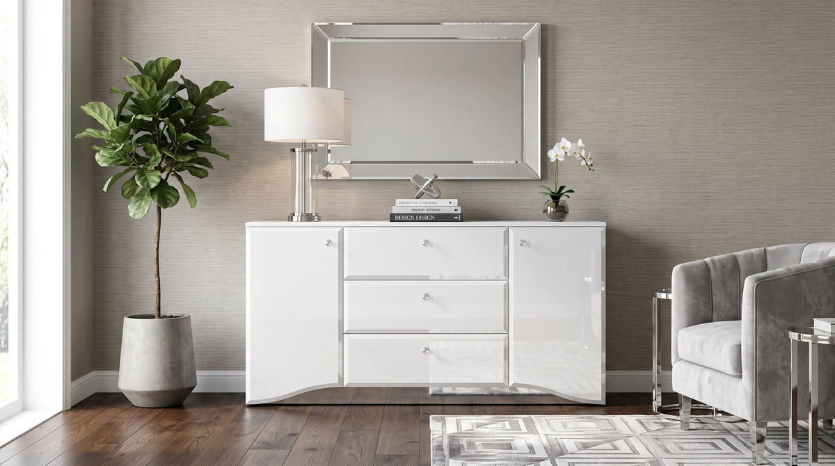 SIDEBOARD Glamour weiß / weiß hochglanz 160 / 41 / 85cm - Weiß Hochglanz/Weiß, Glas/Holz (160/85/41cm) - Feldmann-Wohnen