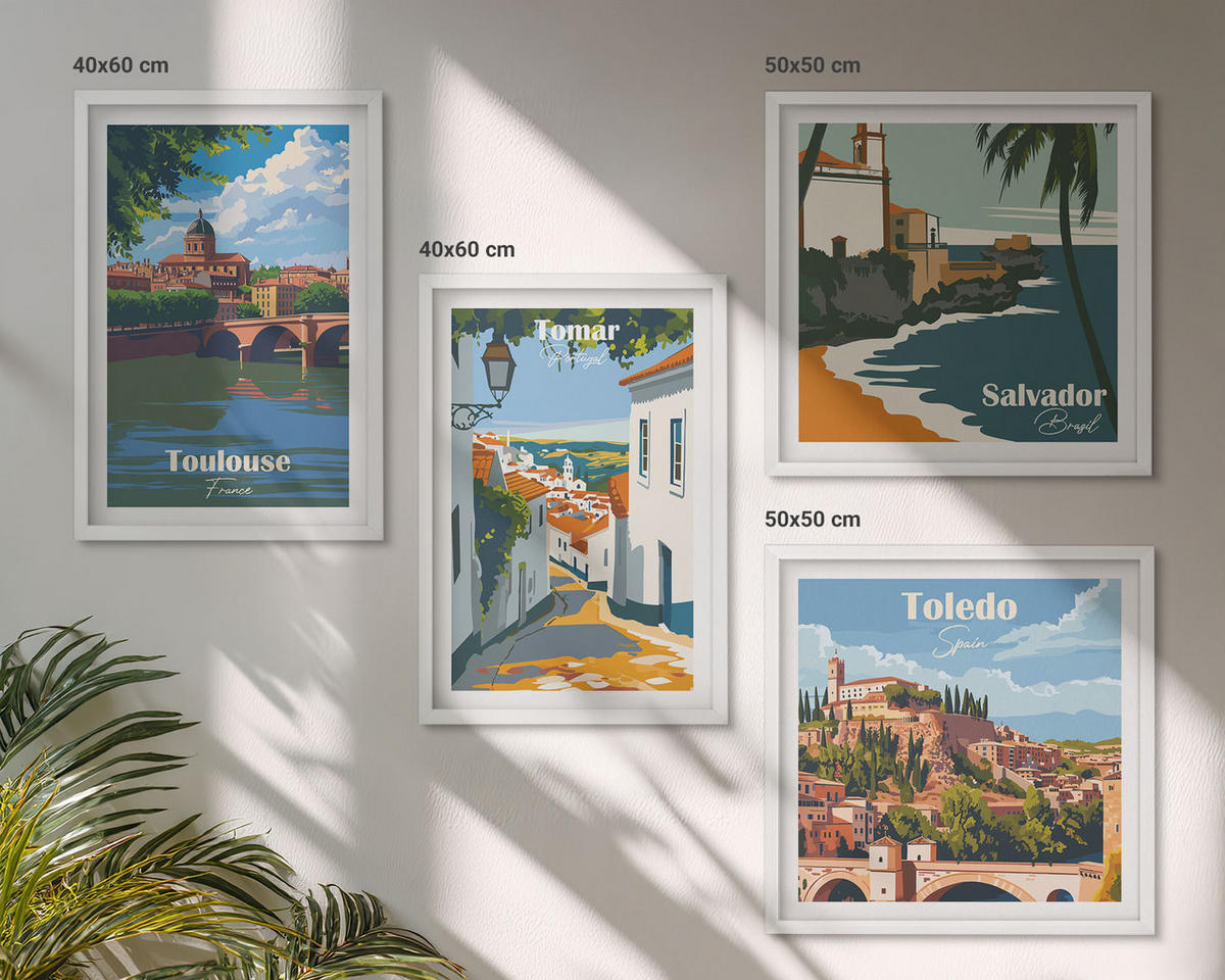 BILDER SET 4er Set - 50x50 cm & 40x60 cm Weißer Rahmen - Retro-Stadtgrafiken - Weiß, Kunststoff (50/50cm) - TULUP