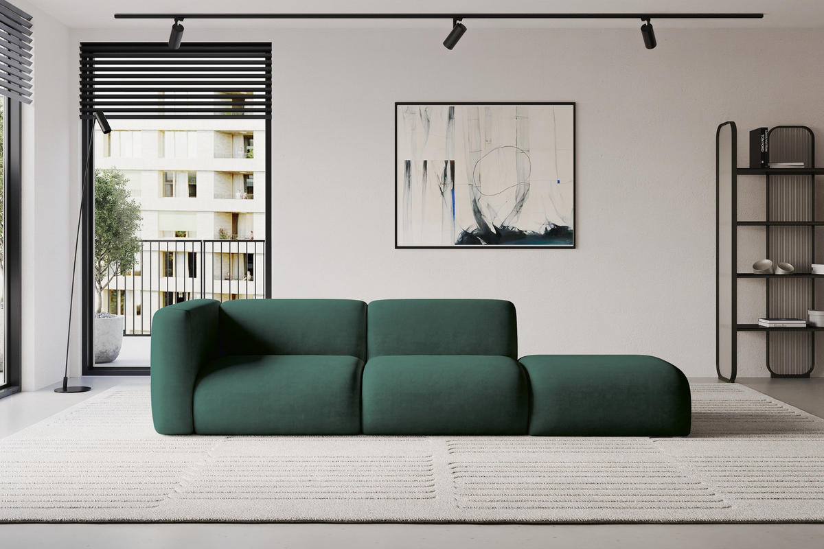 SOFA Ottomane Links MIRA-S3 296x89x70 Grün Velours - Dunkelgrün/Schwarz, Holzwerkstoff/Kunststoff (296/70/89cm) - ALTDECOR